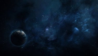 abstract space illustration, 3d image, dark planet in space and the shining of stars in the nebula, background image clipart