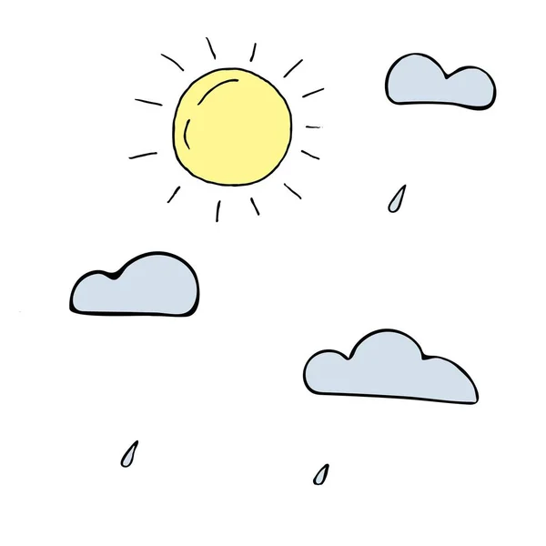 Arkaplansız element, güneş, bulutlar ve yağmur damlaları, elle çizilmiş vektör renk çizimi — Stok Vektör