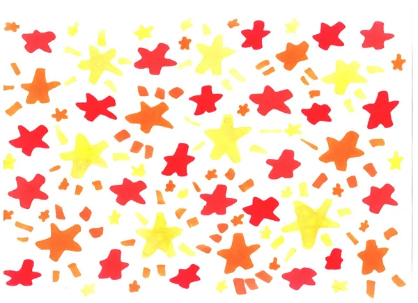 Свободно Абстрактный Фон Живыми Материалами Красные Желтые Звезды Маркерами Белом — стоковое фото
