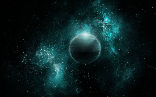 Abstract space illustration, 3d image, planet and space green nebula, background image