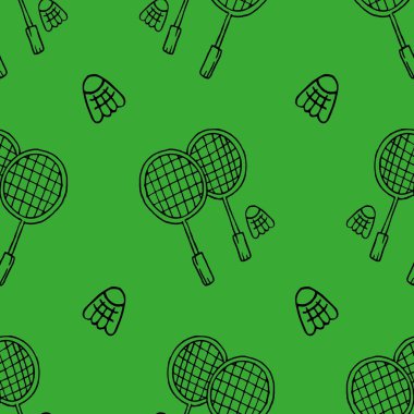 vektör el yapımı, pürüzsüz desen, yeşil arka planda badminton raketleri.