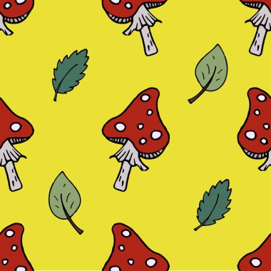 Serbest vektör pürüzsüz desen, tarımsal mantar uçuşu ve sarı arkaplanda yapraklar