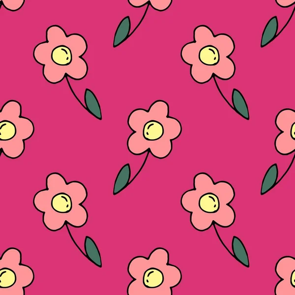 フリーハンドベクトルシームレスパターン ピンクの背景のかわいい花 — ストックベクタ