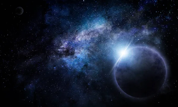 uzayda bir gezegen ve yıldızlardan oluşan bir nebula, soyut uzay çizimi, 3 boyutlu resim
