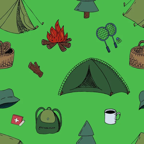 手描きベクトルシームレスパターン緑の背景テントキャンプファイヤーキャンプキャンプ — ストックベクタ