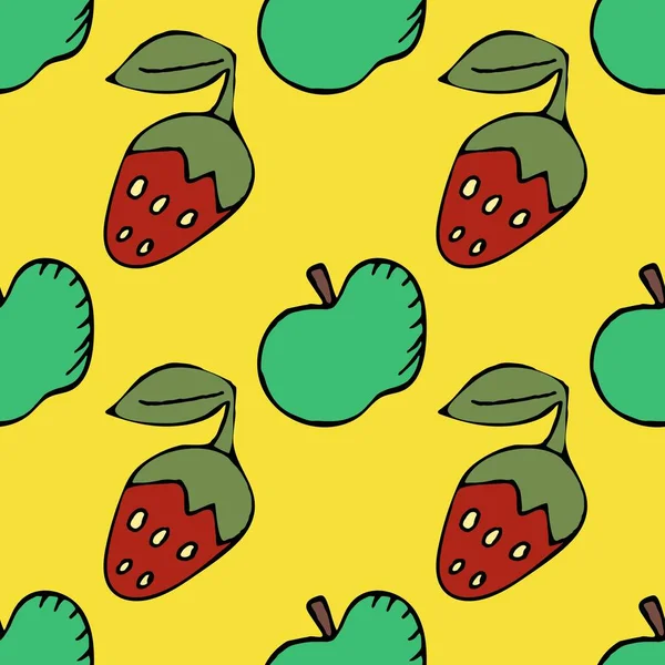 Patrón Sin Costura Vectorial Dibujado Mano Fresas Manzanas Sobre Fondo — Vector de stock