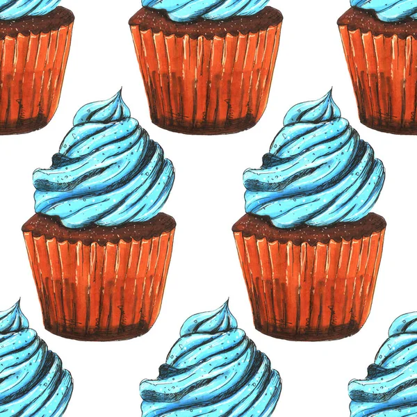 Illustration Marker Drawing Blue Cream Cupcake Sketch Seamless Pattern — Stock Photo, Image