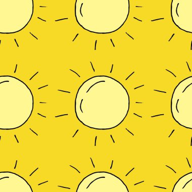Elle çizilmiş, pürüzsüz bir şekil, parlak sarı arkaplanda güneş.