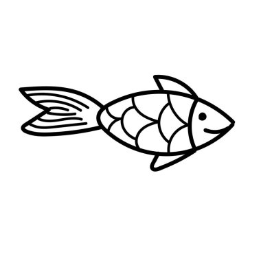 vektör elementi, bir deniz sakininin siyah beyaz çizimi, karalama boyama, şirin küçük balık, boyama kitabı