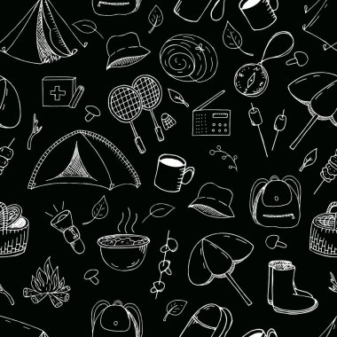 Serbest vektör pürüzsüz desen, piknik ve kamp, siyah arka planda beyaz karalamalar