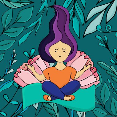 renk vektörü illüstrasyonu, karalama kitabı, yoga pozları, asana, nilüfer pozisyonunda çiçek ve yapraklı kız yeşil arka planda, sağlıklı, yaşam tarzı, spor