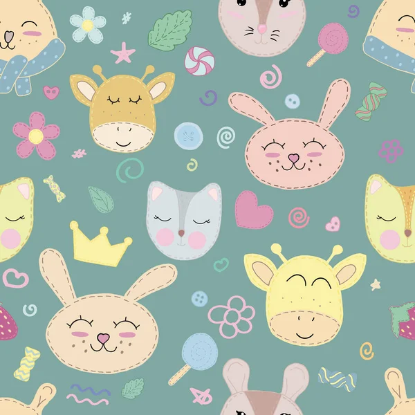 Padrão Sem Emenda Vetor Rostos Animais Bonitos Fundo Azul Kawaii — Vetor de Stock