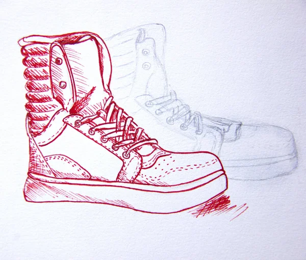 Raster Illustration High Sneaker Hand Drawn Red Pen — Stock Photo, Image