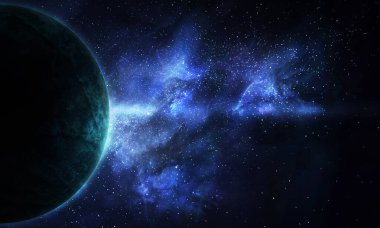 soyut uzay çizimi, 3 boyutlu resim, 3 boyutlu görüntü, arkaplan resmi, yıldızların, bulutsuların ve uyduların parlaklığında uzayda taş gezegen