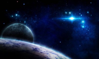 soyut uzay çizimi, 3 boyutlu resim, 3 boyutlu resim, arkaplan resmi, mavi ışık takımyıldızları arasında uzayda bir taş gezegen ve bir nebula