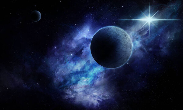 abstract space illustration, 3d image, 3d rendering, background image, a stone planet in space among the constellations in blue lights and a nebula