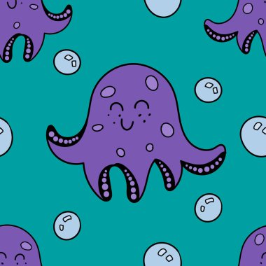 vektörsüz tekrarlayan desen, mor ahtapot ve mavi arka planda suda hava kabarcıkları.