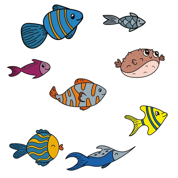 Deniz sakinleri ile karalama elementleri renk vektör kümesi, balık