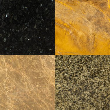 Bir dizi doğal taş dokusu. Granit ve mermer yüzeyi. Yakın plan..