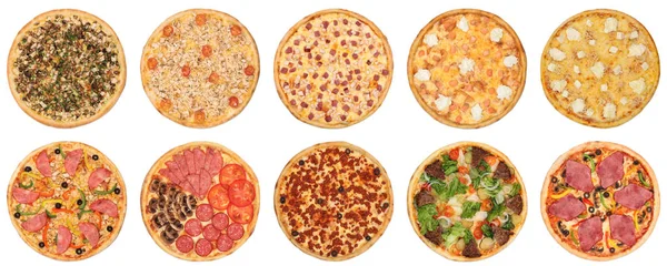 İzole edilmiş beyaz arka planda bir dizi pizza fotoğrafı.