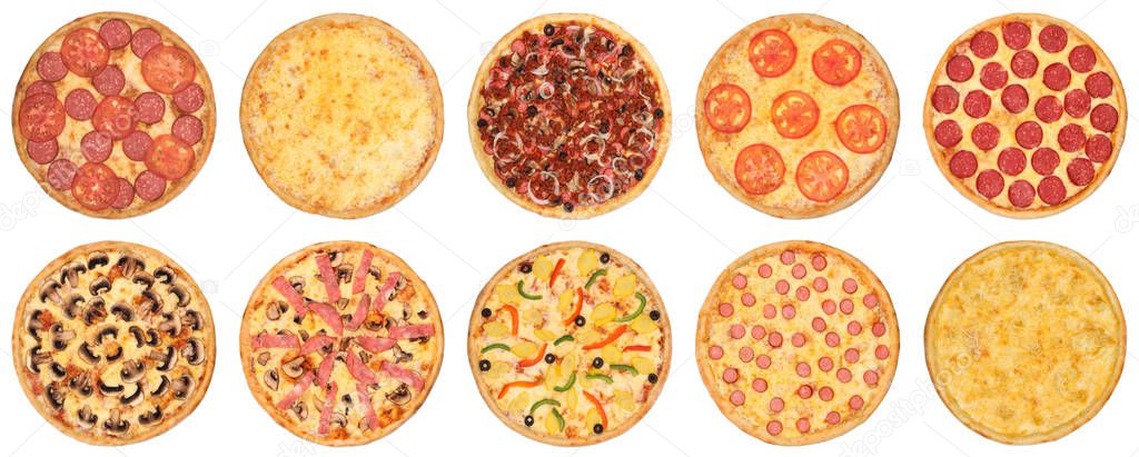 Set of pizza photos on a white isolated background