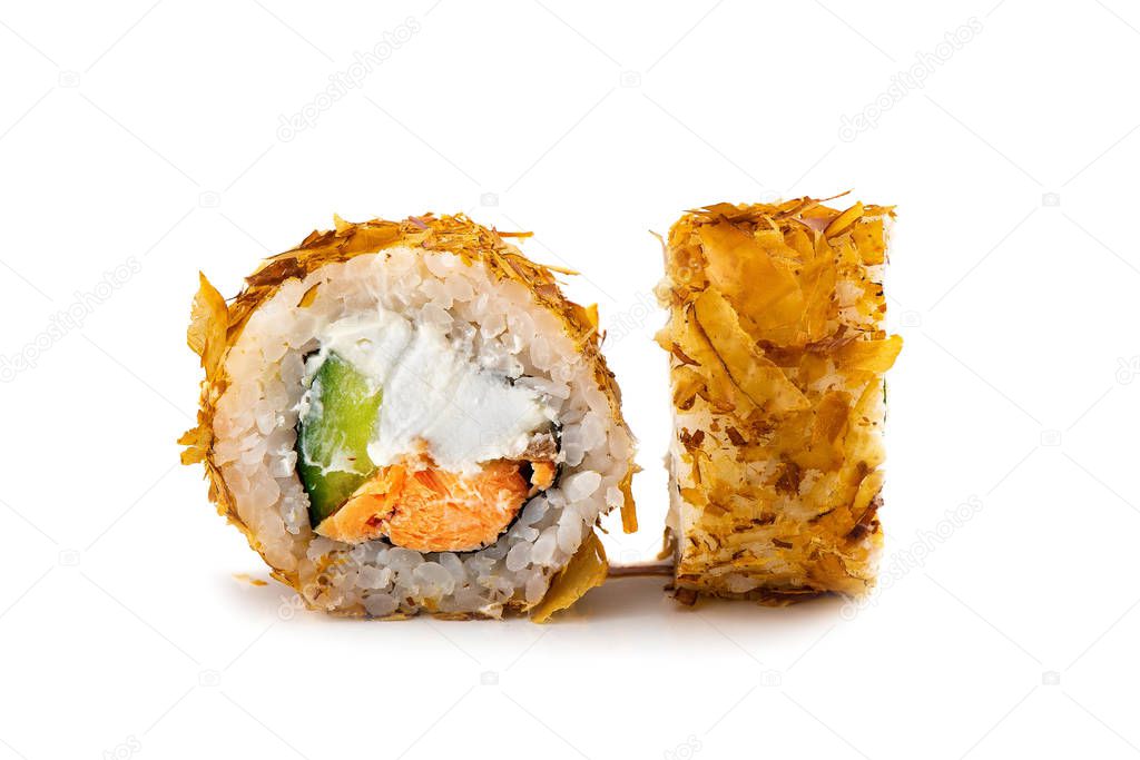 Traditional fresh japanese sushi rolls on a white isolated backgroun