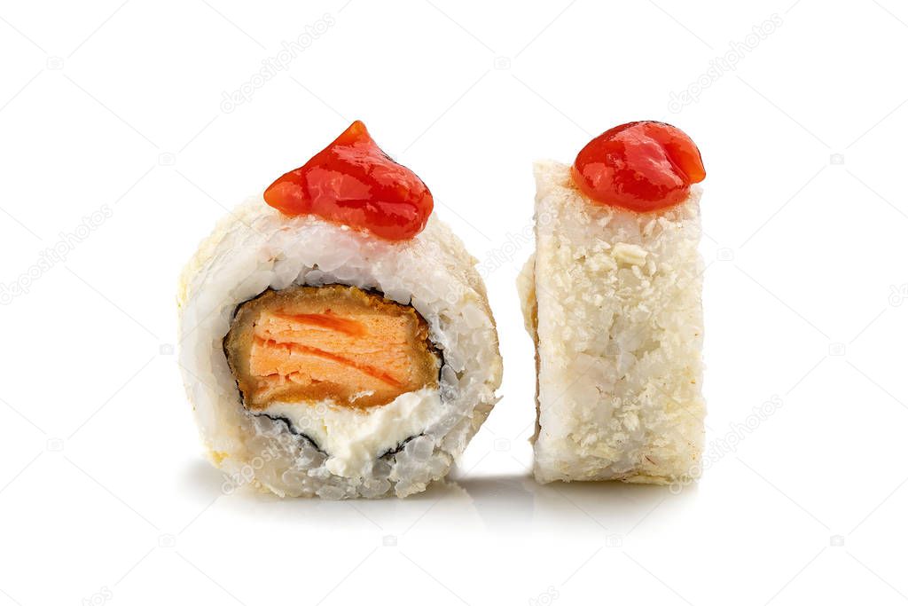 Traditional fresh japanese sushi rolls on a white isolated backgroun