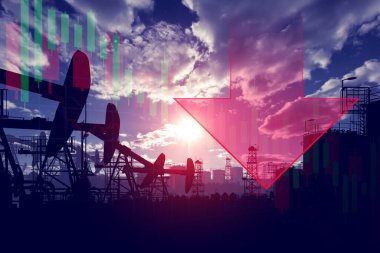 Petrol üretimi. Petrol ihracatında azalma. Petrol şirketlerinin fiyatlarında düşüş. Ham petrol üretimindeki düşüş. Petrol fiyatlarındaki düşüş. Petrol pompaları ve tankların siluetleri.