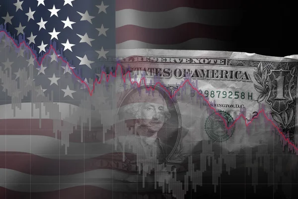 Концепция Финансового Кризиса Сша Падающий График Фоне Флага Сша Банкноты — стоковое фото