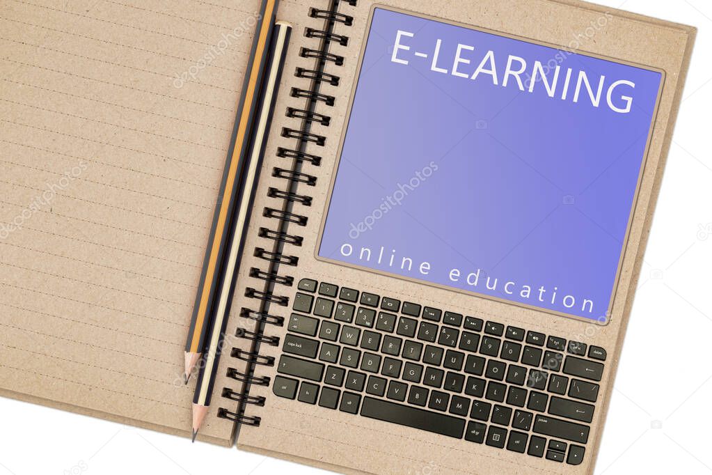 Notepad with a keyboard and a screen with the inscription E-learning and Online education. Distance Education Concept. Place for text