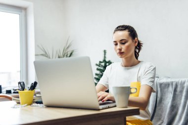 Evde dizüstü bilgisayar kullanan Asyalı güzel kadın.. 