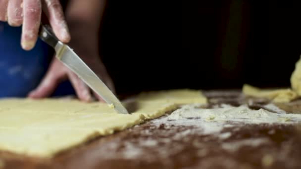 Žena v kuchyni krájí těsto na sušenky — Stock video