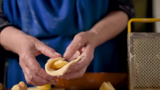 Frau bereitet hausgemachtes Gebäck, hausgemachten kulinarischen Apfelkuchen zu. — Stockvideo