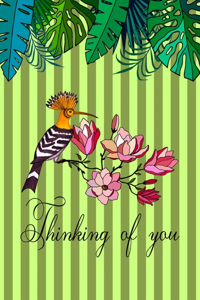 Thinking of you - card. Hoopoe is a tropical bird. watercolor drawing.