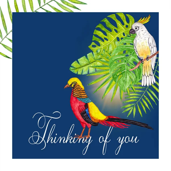 thinking of you - card with tropical birds and palm leaves