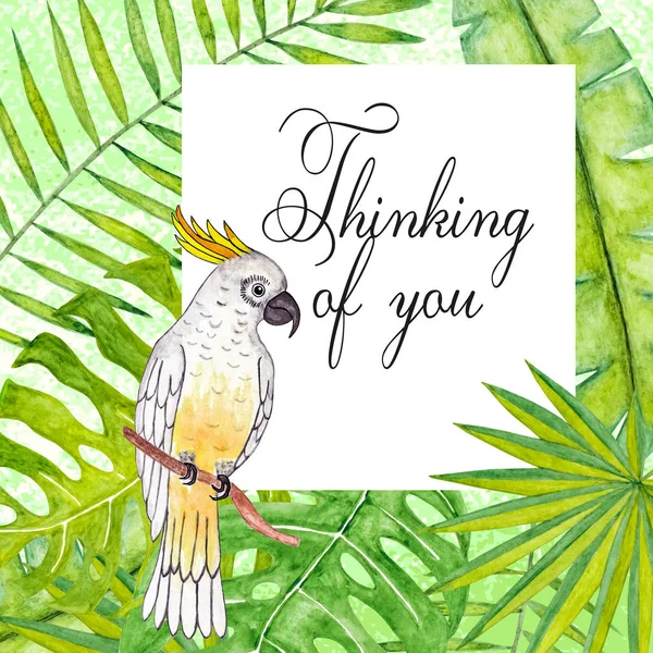 cute hand drawn card with cockatoo parrot and thinking of you letters