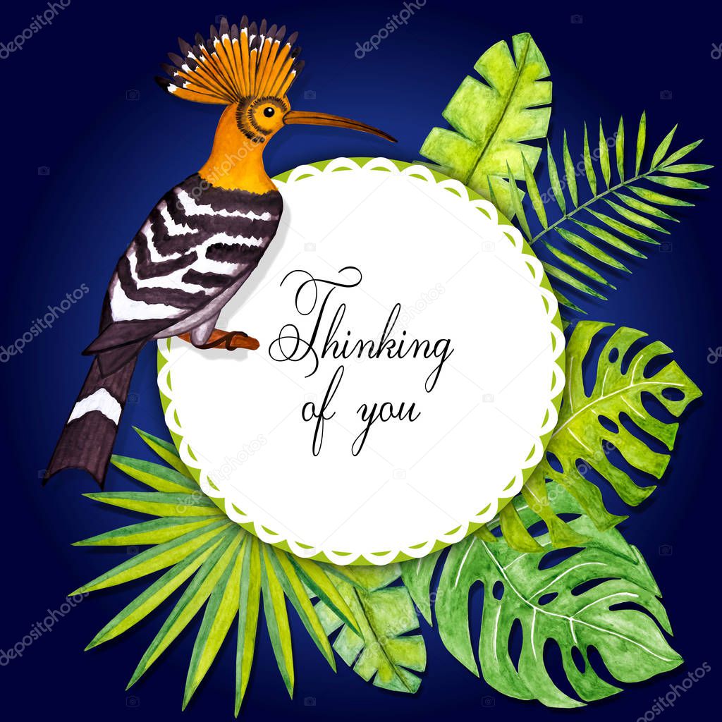 Card - thinking of you with hoopoe tropical bird, watercolor drawing