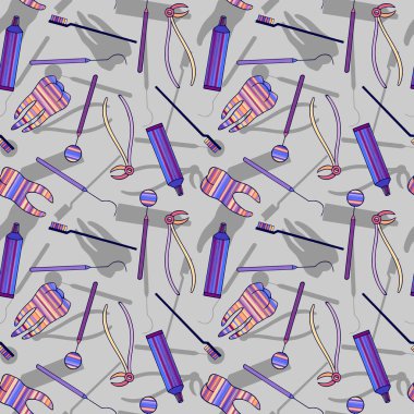 Kusursuz desen. Diş kiti, dişler, aletler, diş macunu tüpü, diş fırçası. Vektör çizimi. el çizimi