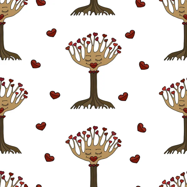 Sömlöst Mönster Dekorativa Träd Kärlek Med Hjärtan Vektorillustration Handritning — Stock vektor