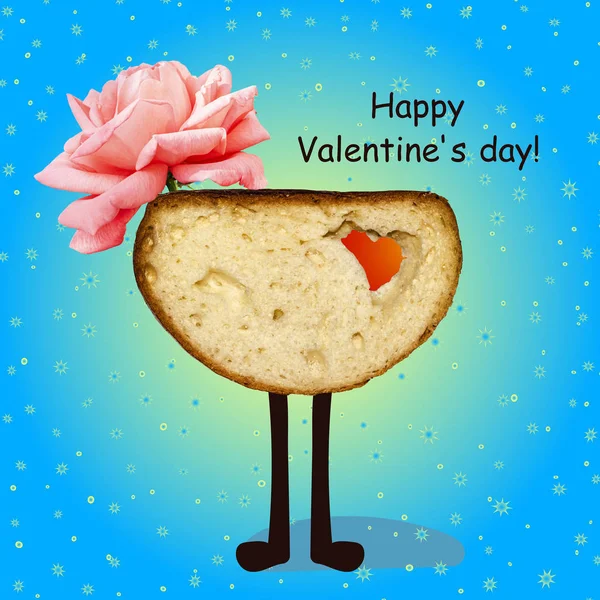 Szczęśliwych Walentynek Karta Kawałek Chleba Czerwonym Sercem — Zdjęcie stockowe
