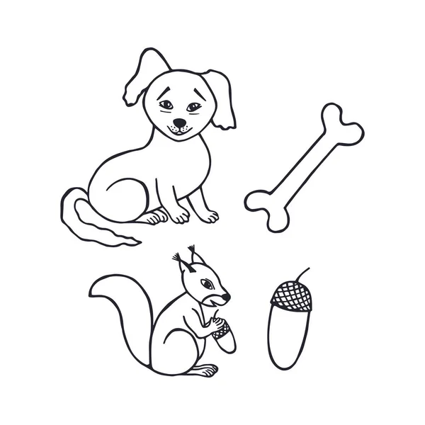 Pies Kości Wiewiórka Żołędź Eps Wektor Ilustracja Akcji — Wektor stockowy