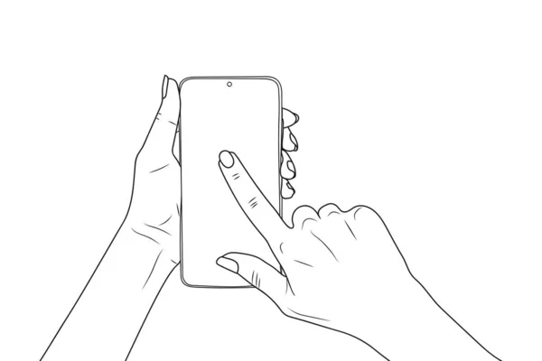 Female Hands Hold Smartphone Finger Points Eps10 Vector Stock Illustration — 스톡 벡터
