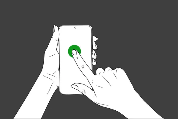 Kadın eli akıllı telefonu tutar, parmak işaretler. eps10 vektör stok illüstrasyonu