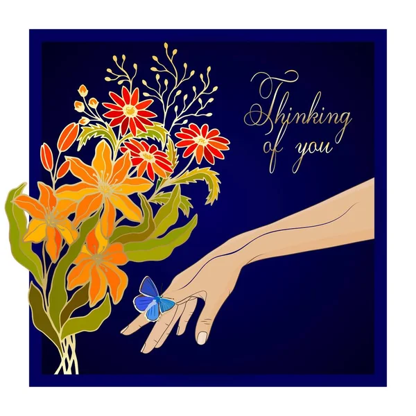 Grußkarte Mit Blumen Menschenhand Und Schmetterling — Stockvektor