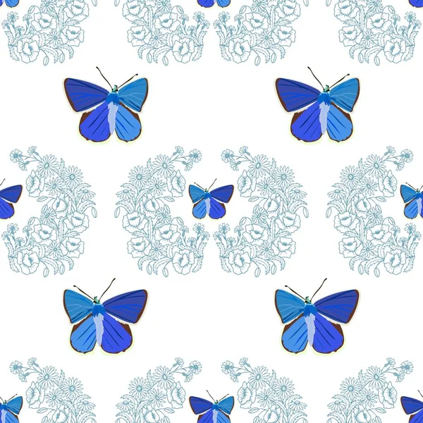 青い蝶と花とシームレスなパターン — ストックベクタ