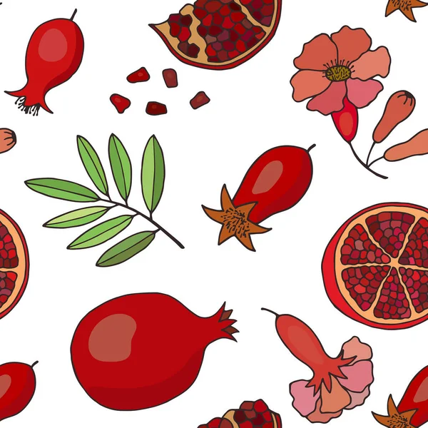 Granatapfelfrüchte Scheiben Blätter Blüten Eps10 Vektor Stock Illustration Handzeichnung — Stockvektor