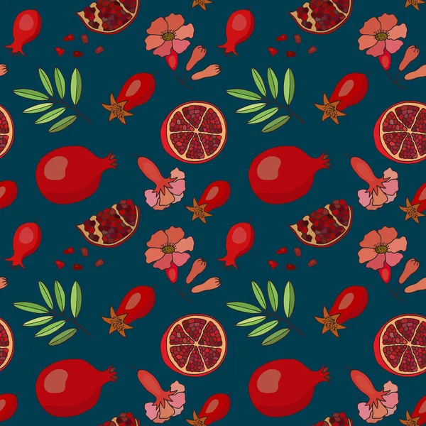 Granatapfelfrüchte Scheiben Blätter Blüten Eps10 Vektor Stock Illustration Handzeichnung — Stockvektor