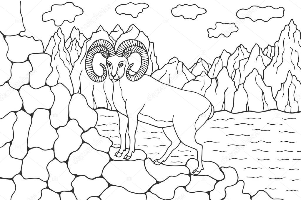 Mountain goat, mountains. Forest. coloring book. eps10 vector stock illustration. hand drawing. out line