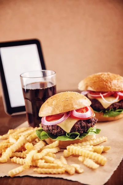 Ground beef Cheese Burger with French Fries and Cola