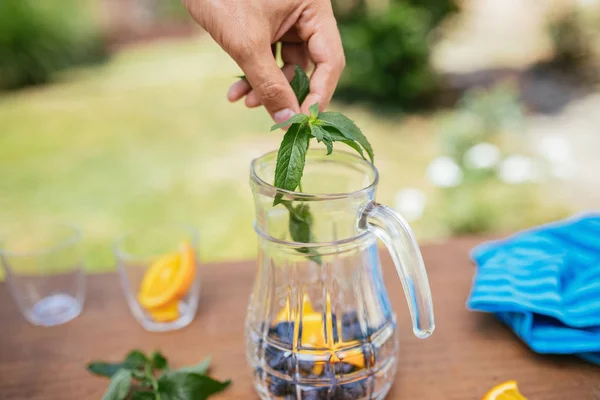 Placer la menthe dans la bouteille en verre avec des bleuets et orange — Photo